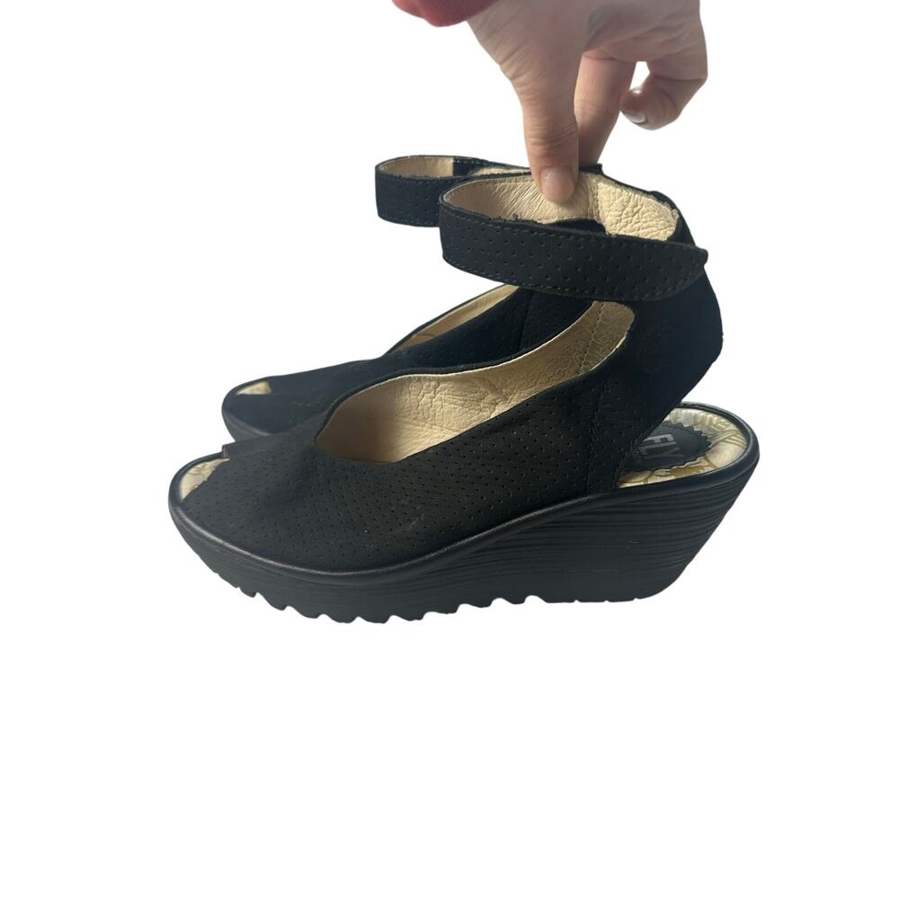 Fly London Black Wedge Sandals with Ankle Strap